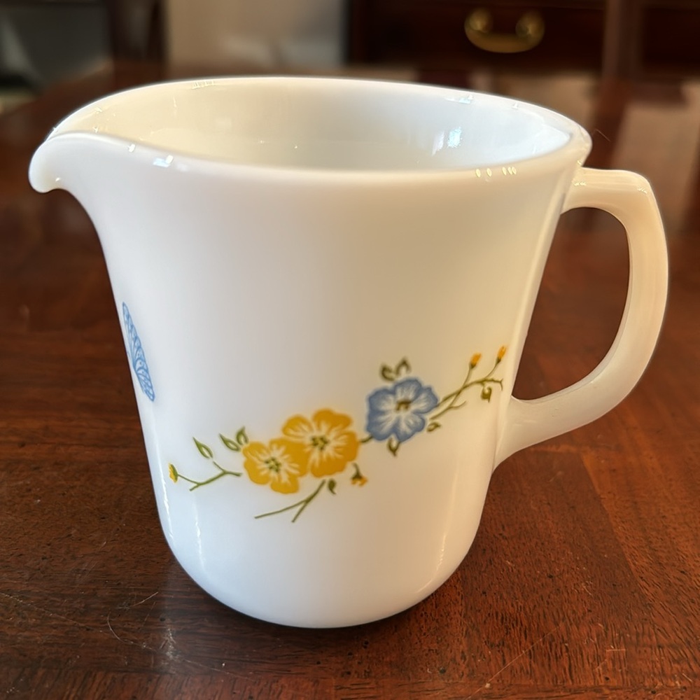 Pyrex Flirtation White Milk Glass Vintage Creamer  Blue Yellow Flowers